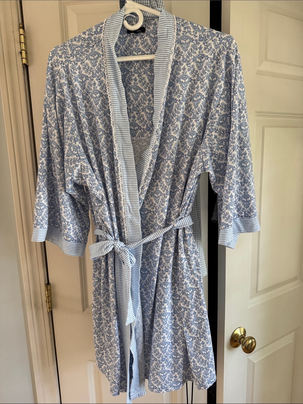 Aria Light Blue & White Floral Cotton Robe with Striped Trim